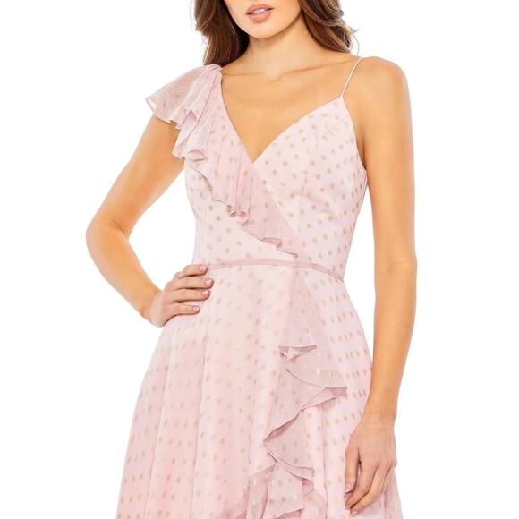 NWT MAC DUGGAL 49489 SZ 0 PINK HIGH LOW CHIFFON RUFFLED POLKA DOT DRESS - Picture 2 of 4